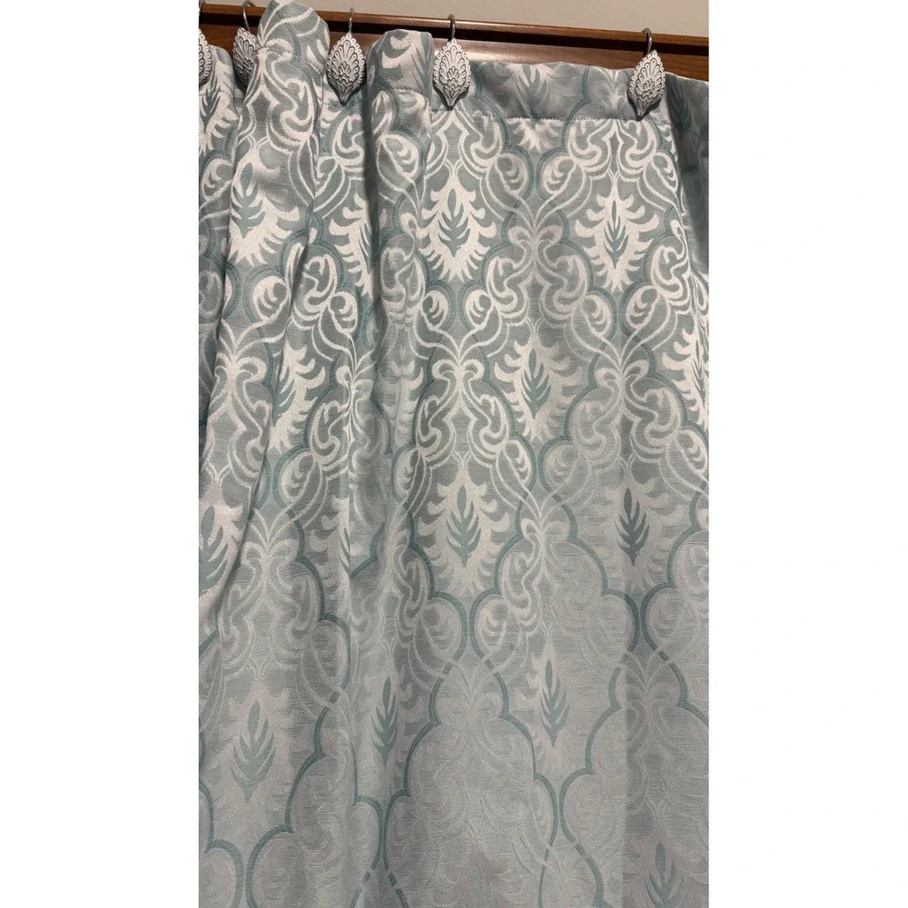 Damask Shower Curtain Light Blue White 70x72 Woven Fabric White Hooks Flawed